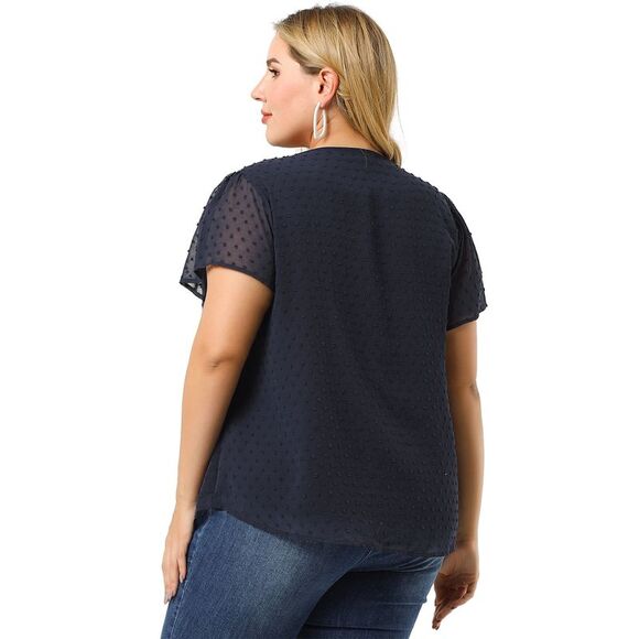 Plus Size Blouses Women Pin Dots Smocked Flare Sleeve Tops Royal Blue - Picture 5 of 6